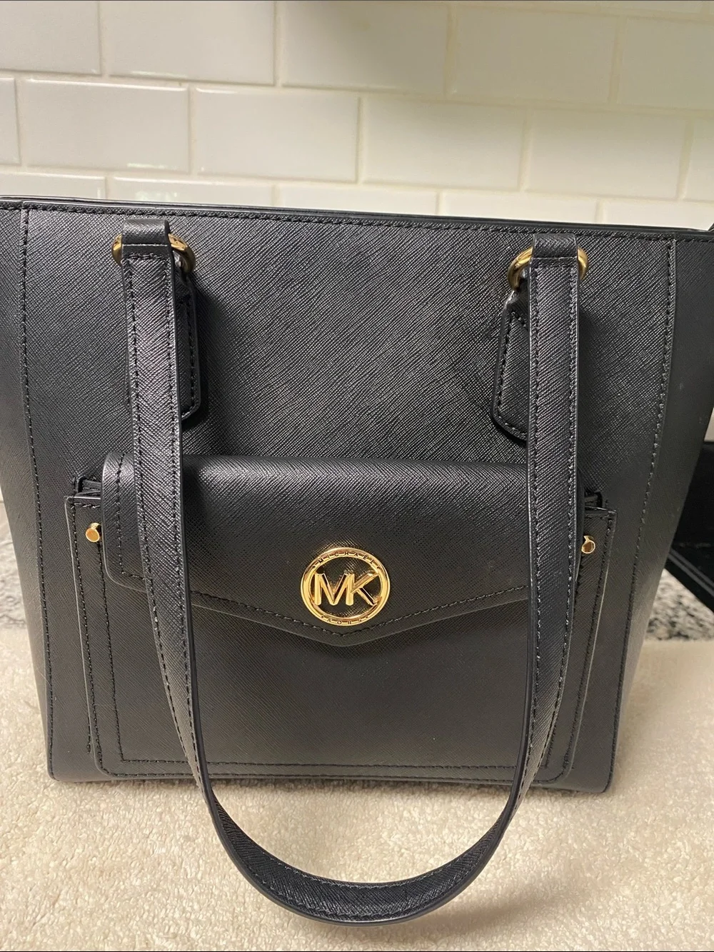 Michael Kors Black Saffiano Tote with Gold MK Emblem - Picture 2 of 10